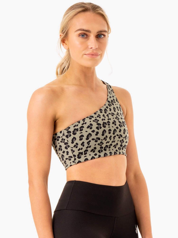 Ryderwear Adapt One Shoulder Sports Bra Khaki Leopard | BVU-142670