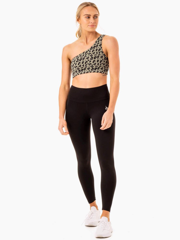 Ryderwear Adapt One Shoulder Sports Bra Khaki Leopard | BVU-142670