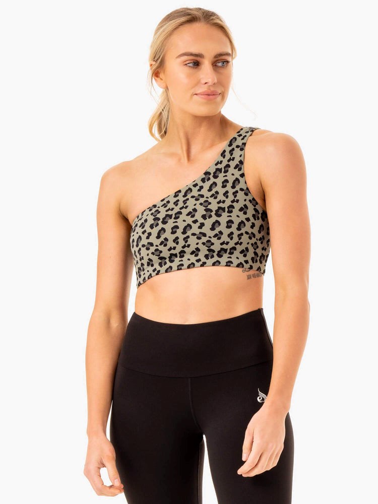 Ryderwear Adapt One Shoulder Sports Bra Khaki Leopard | BVU-142670