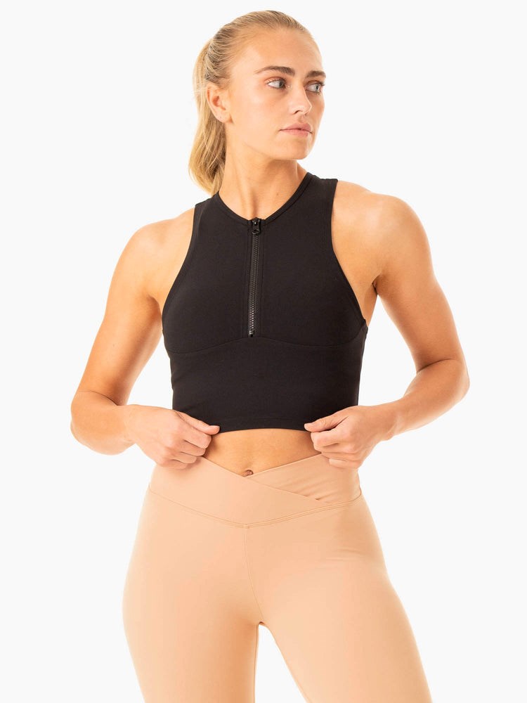 Ryderwear Embody Zip Up Crop Svarta | LZI-934562