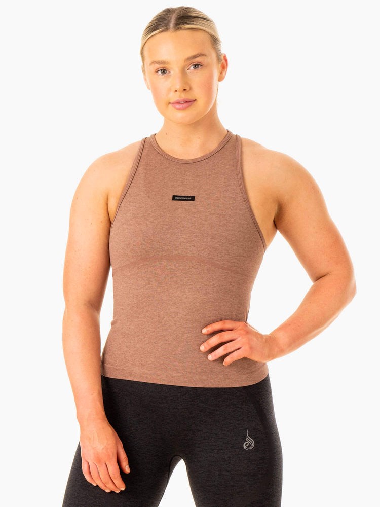 Ryderwear Excel Seamless Mid Length Tank Mocha Marl | EMB-510369