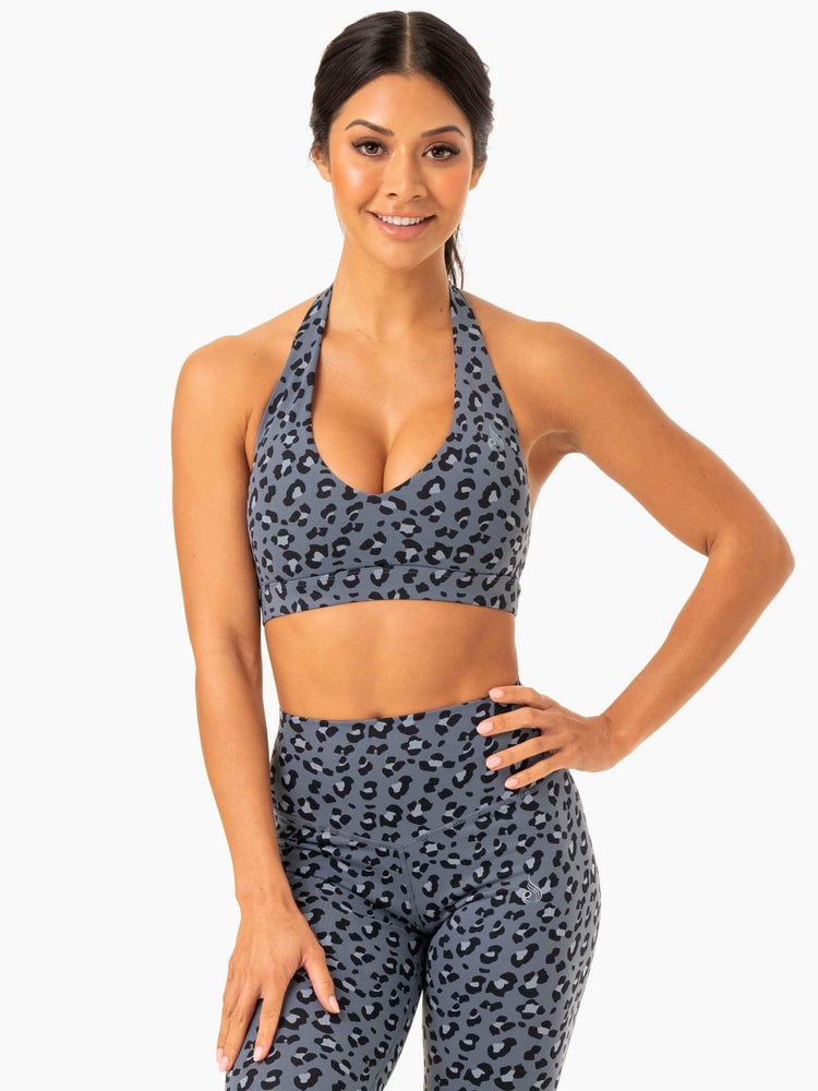 Ryderwear Hybrid Halter Sports Bra Blå Leopard | LBH-670894