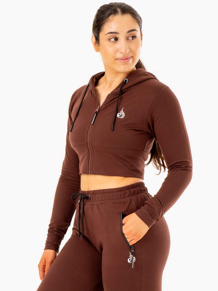 Ryderwear Luxe Cropped Zip Hoodie Choklad | WPZ-729358