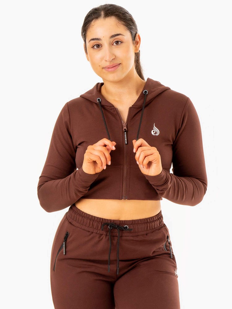 Ryderwear Luxe Cropped Zip Hoodie Choklad | WPZ-729358