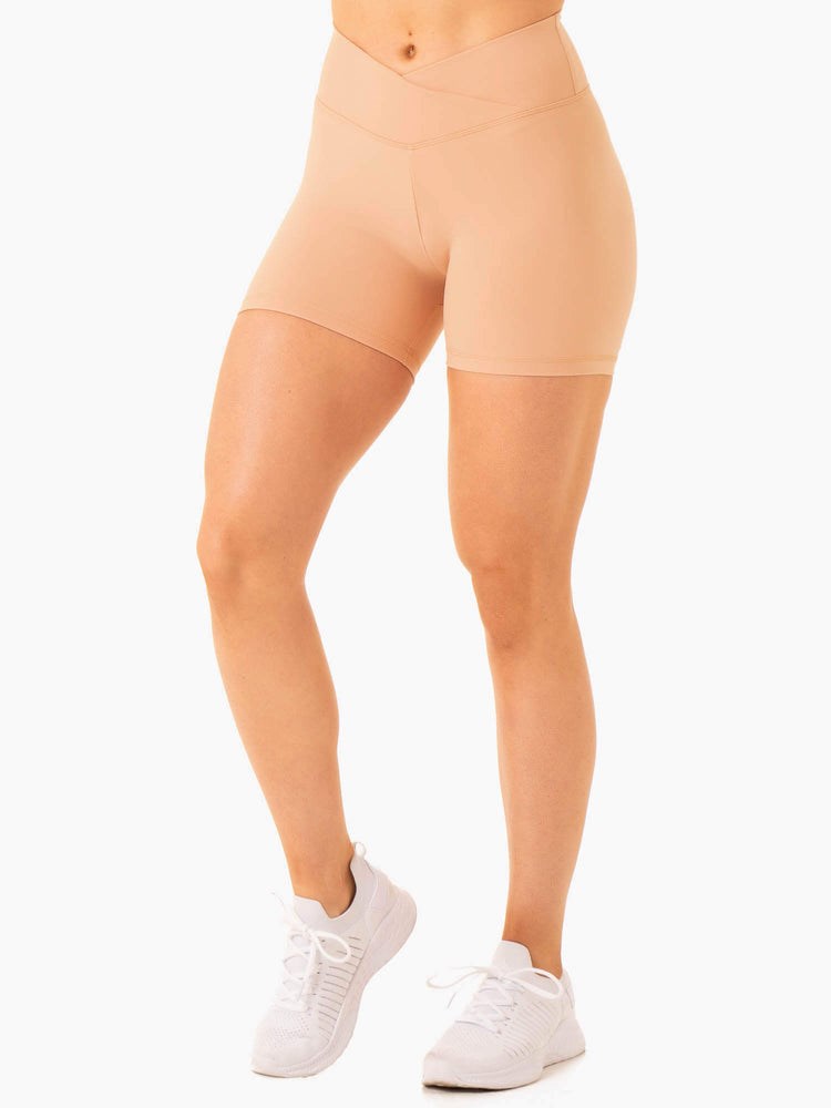 Ryderwear Serene Cross Over Scrunch Shorts Tan | KVZ-379105